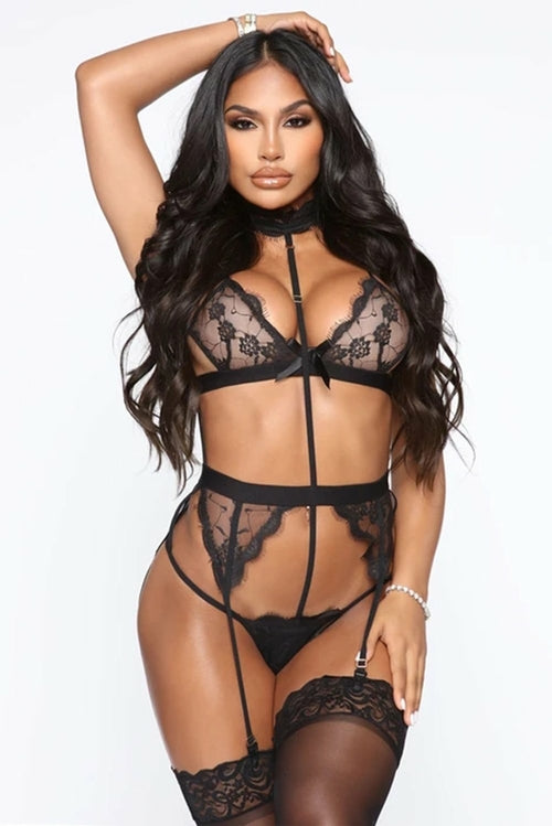 Lace Temptation Choker Bralette Lingerie Set with Garter Belt