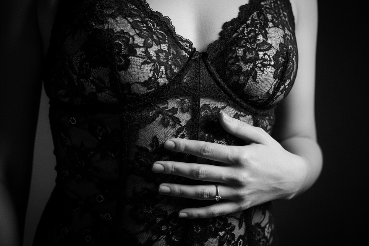 “A black-and-white fine-art editorial photograph with a dramatic, low-light boudoir atmosphere. Close-up composition focusing on skimpy ornate lace lingerie , soft skin tones, and a hand resting gently on the body as part of a high-end fashion photoshoot. The image emphasizes shadows, curves, and detailed lace textures with a cinematic, intimate mood. Soft highlights create depth and a luxurious, sensual aesthetic without showing the model’s face